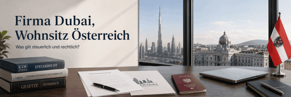 Schreibtisch mit österreichischem Reisepass, Steuerunterlagen und Blick auf die Skyline von Dubai als Symbol für Firma in Dubai und Wohnsitz in Österreich.