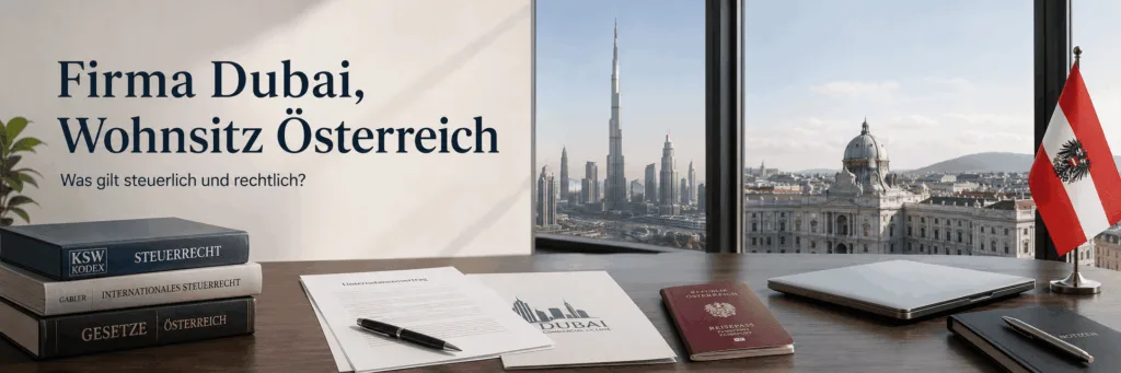 Schreibtisch mit österreichischem Reisepass, Steuerunterlagen und Blick auf die Skyline von Dubai als Symbol für Firma in Dubai und Wohnsitz in Österreich.