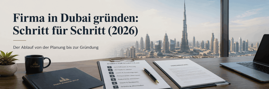 Schreibtisch mit Unterlagen zur Firmengründung in Dubai, Laptop und Blick auf die Skyline von Dubai als Symbolbild für eine Schritt-für-Schritt-Anleitung zur Gründung im Jahr 2026.