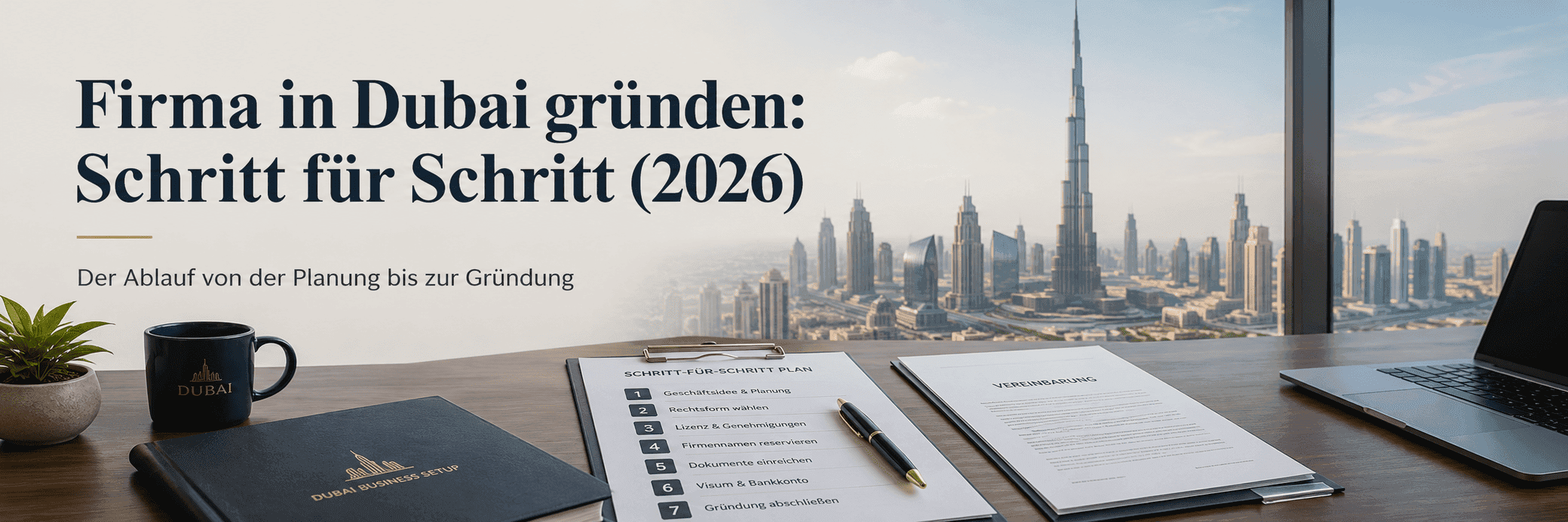 Schreibtisch mit Unterlagen zur Firmengründung in Dubai, Laptop und Blick auf die Skyline von Dubai als Symbolbild für eine Schritt-für-Schritt-Anleitung zur Gründung im Jahr 2026.