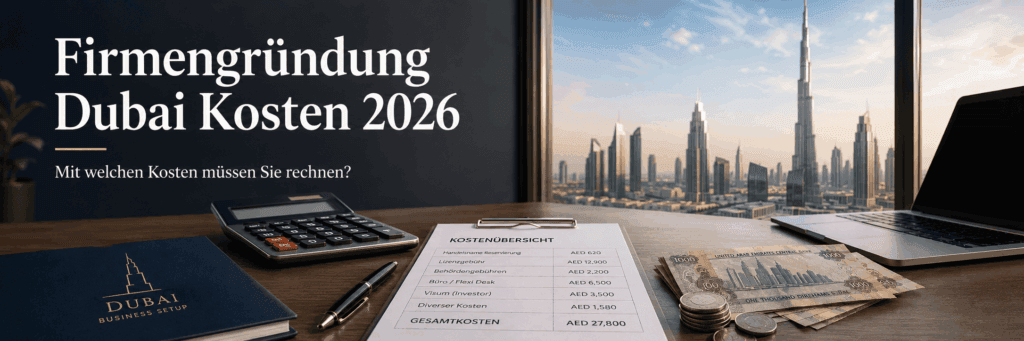 Schreibtisch mit Kostenübersicht, Taschenrechner, Dirham-Banknoten und Blick auf die Skyline von Dubai als Symbolbild für die Kosten einer Firmengründung in Dubai im Jahr 2026. 2