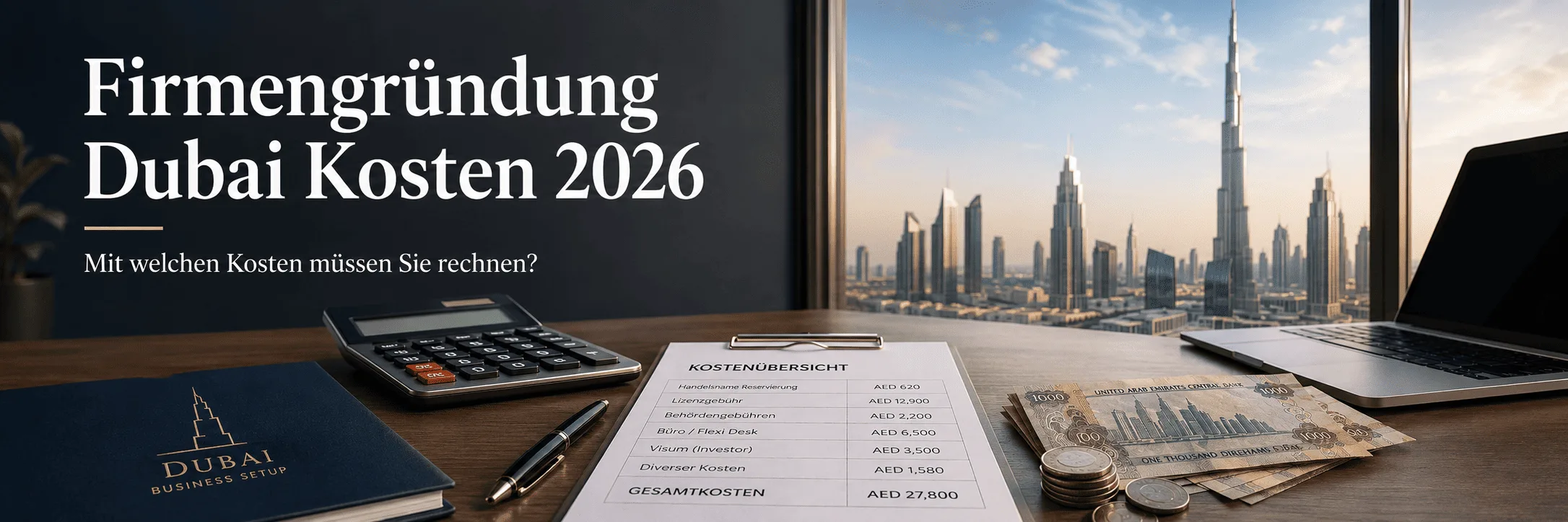 Schreibtisch mit Kostenübersicht, Taschenrechner, Dirham-Banknoten und Blick auf die Skyline von Dubai als Symbolbild für die Kosten einer Firmengründung in Dubai im Jahr 2026. 2