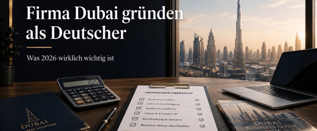 Dubai-Skyline-mit Firma in Dubai aus Deutschland