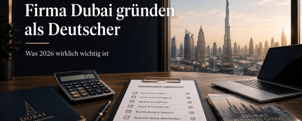 Dubai-Skyline-mit Firma in Dubai aus Deutschland